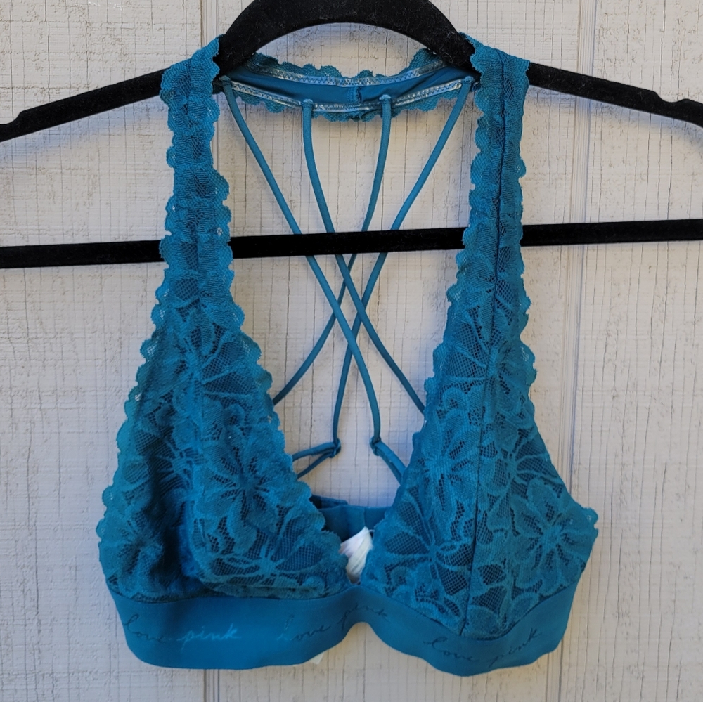 PINK Victoria's Secret Turquoise Lace Floral Halter Bralette Bra Small